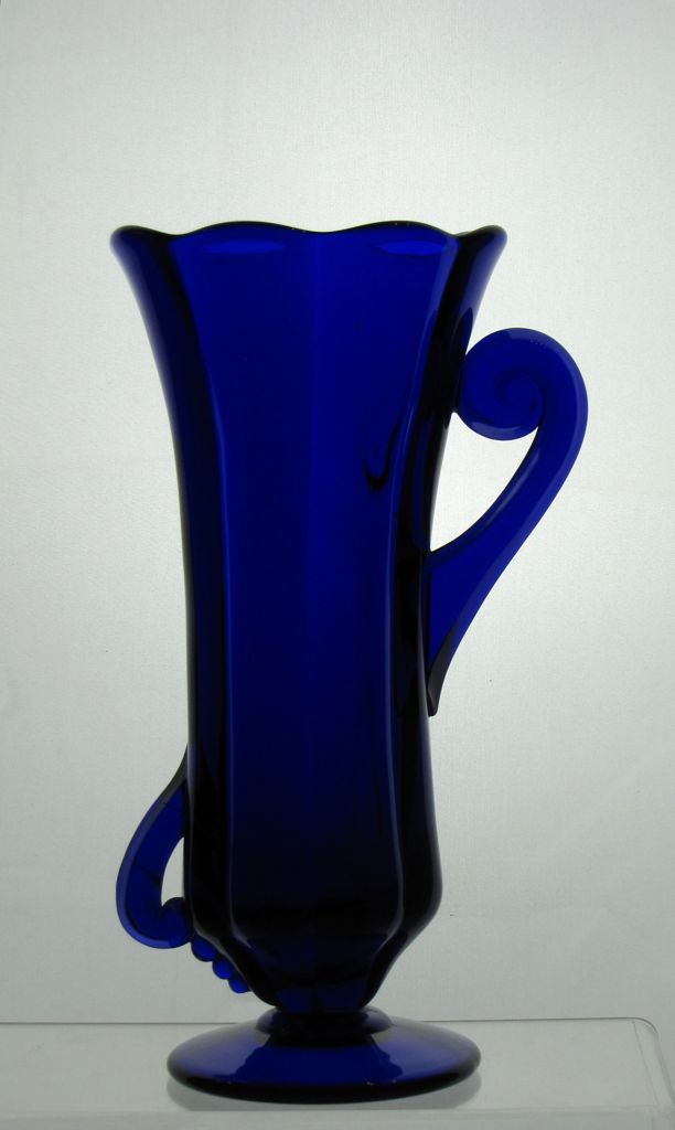 #1421 Hi-Lo Vase, 8 inch Footed & Handled, Cobalt, 1933-1937