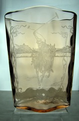 #4209 Oval Vase, 9 in, Flamingo with #1 Sport Plate Etch, 1928-1933