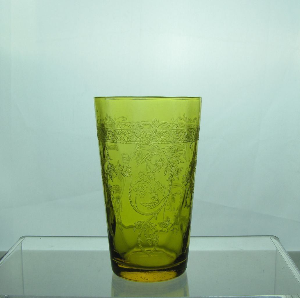 #2401 Oakwood Soda, Tapered with #447 Empress Etch, Diamond Optic, Marigold, 1928-1929