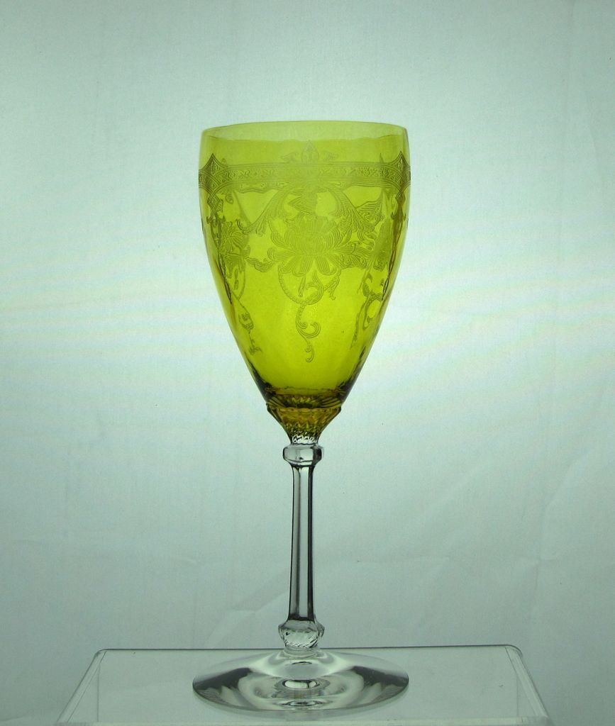 #3380 Old Dominion 10 oz. Goblet, tall stem, Marigold with Crystal Stem, #447 Empress Plate Etch, 1928