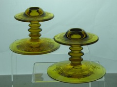 #113 Mars Candleholders, Marigold with #447 Empress Etch, 1928