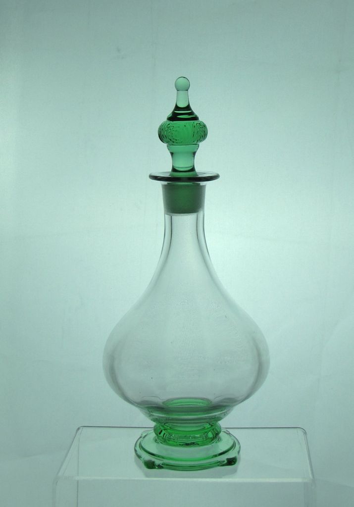 #3390 Carcassonne Decanter, 16 oz. #48 Stopper, Crystal with Moongleam Foot and Stopper, 1930-1935