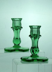 #137 Concave Circle Candlesticks, 5 inches tall, Moongleam, 1931-1933