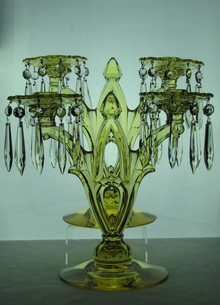 #402 Gothic, 2-Light Candelabra with Bobeches and crystal prisms, Sahara, 1932-1936